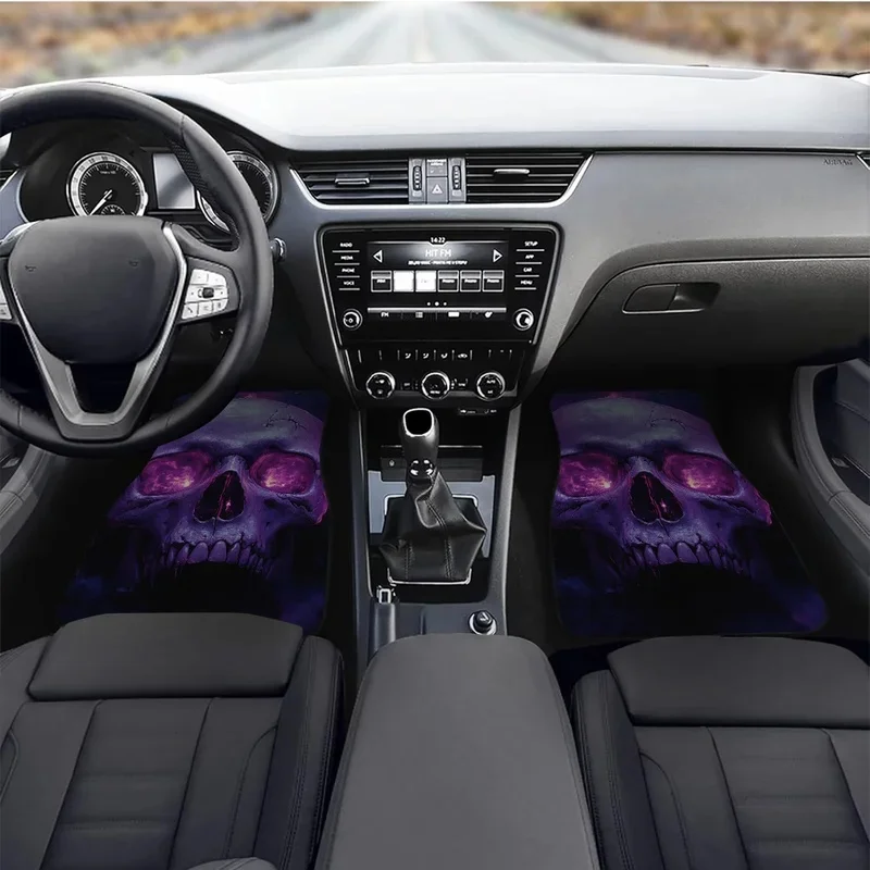 4pcs Set, Non-Slip Car Floor Mats, Halloween Theme, Purple Skull Group Pattern, Suitable For Sedans And SUVs, Interior Decoratio
