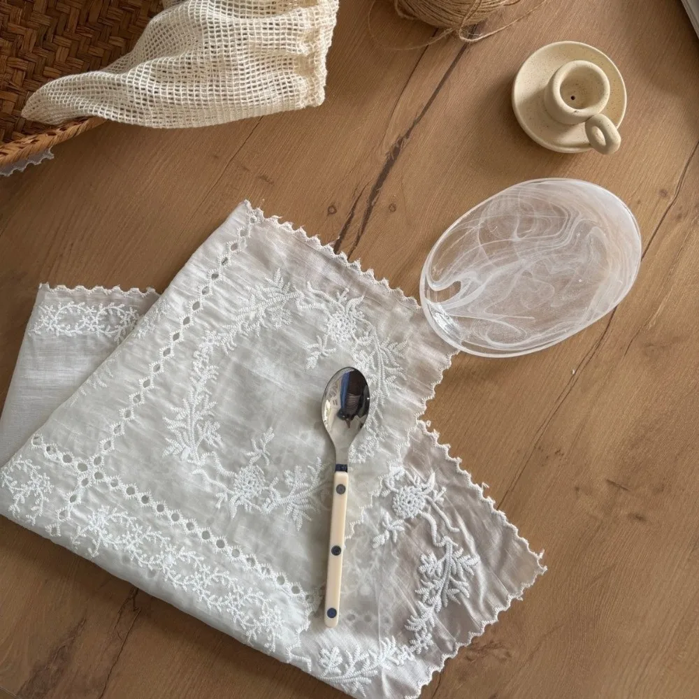 Retro Flower Embroidered Lace Placemats Soft Flounced Lightweight Table Cup Mat Square French Coasters Table Decor
