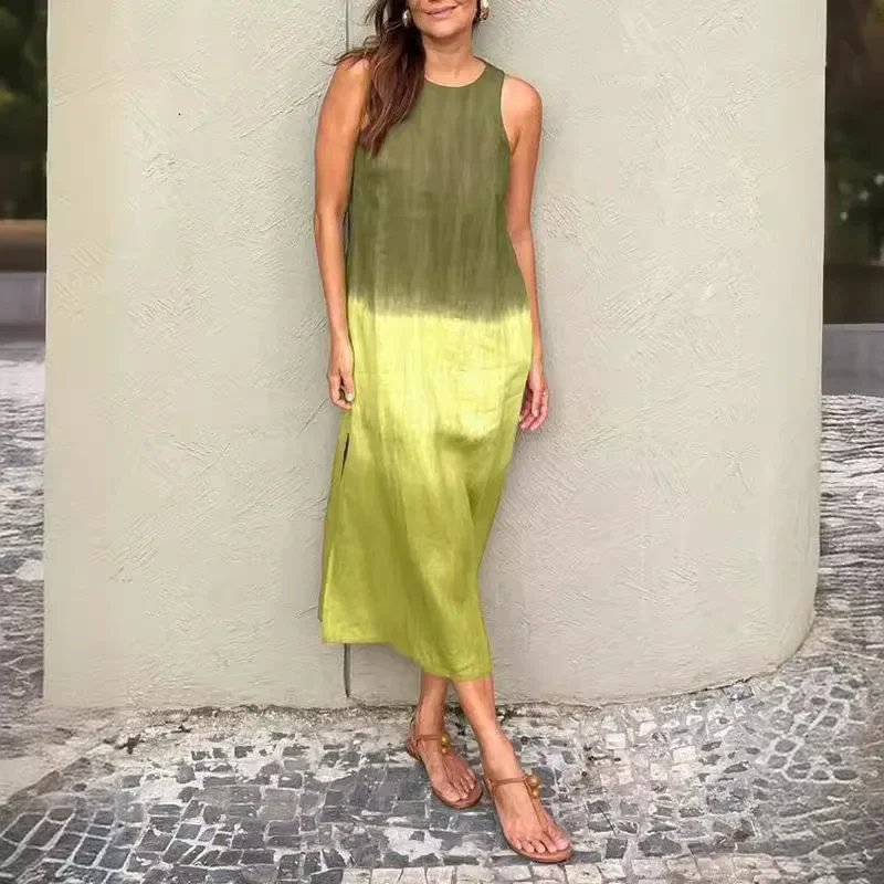 Zomer nieuwe casual katoenen hennep vrouwen mouwloze jurk mode kleurverloop dame vestidos