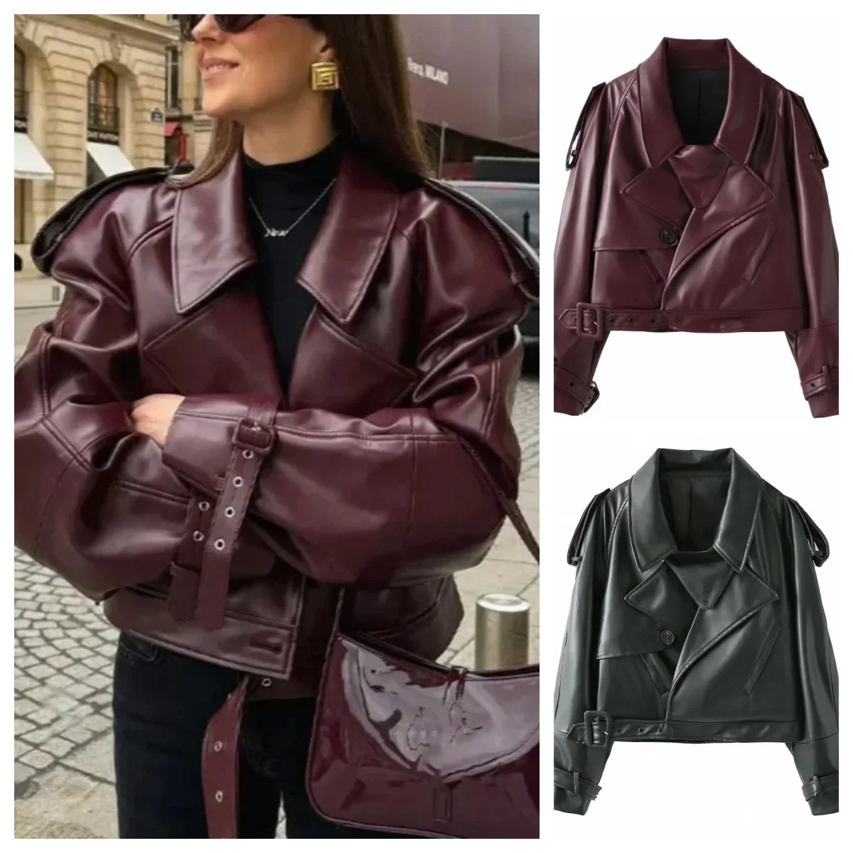 

Шикарная однотонная укороченная кожаная куртка с лацканами, модная женская короткая куртка с карманами и длинными рукавами, женская осенняя уличная одежда