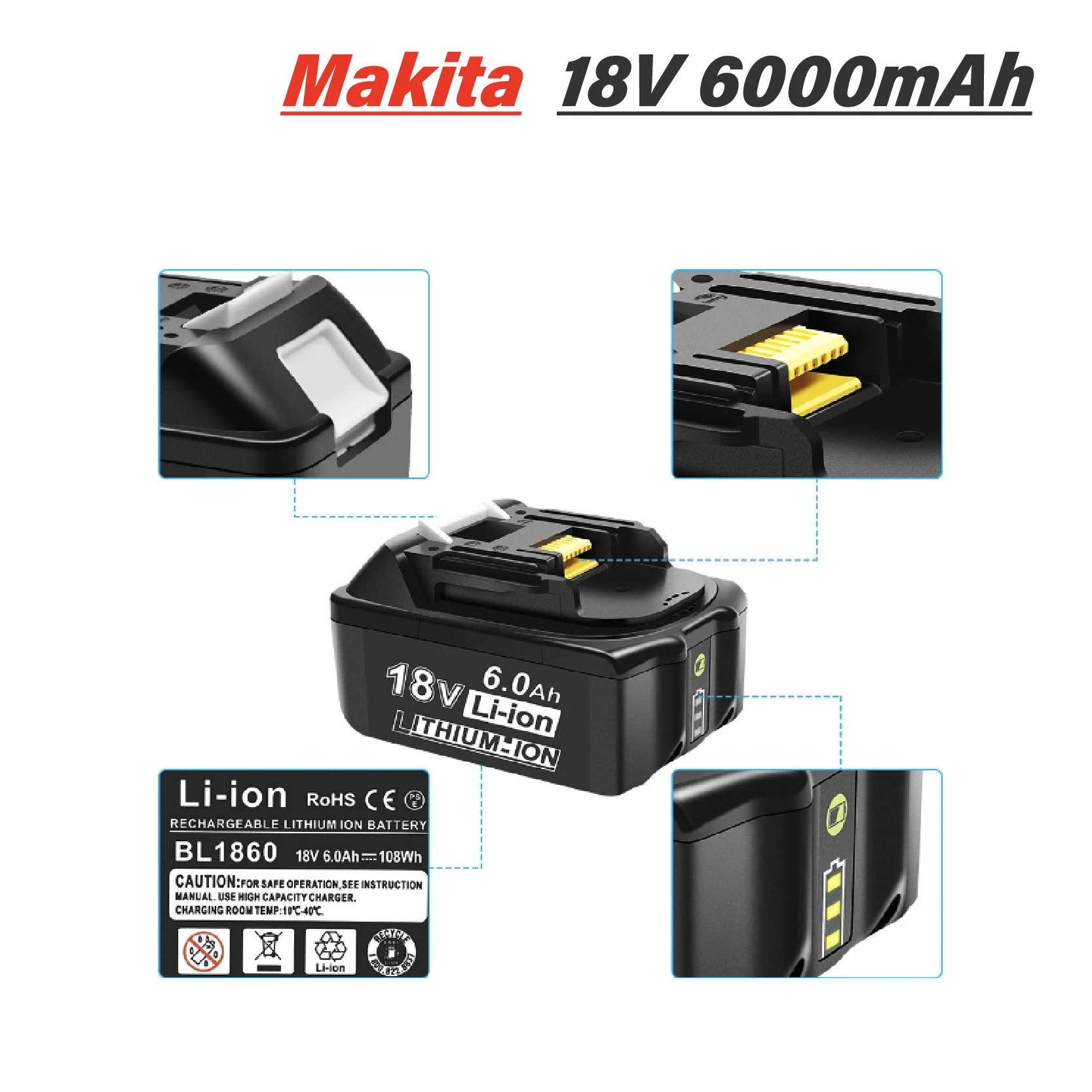 

For Makita BL1830 BL1815 6000mAh Rechargeable Li-Ion Battery For Makita BL1860 BL1840 Replacement Power Tools 18V Battery