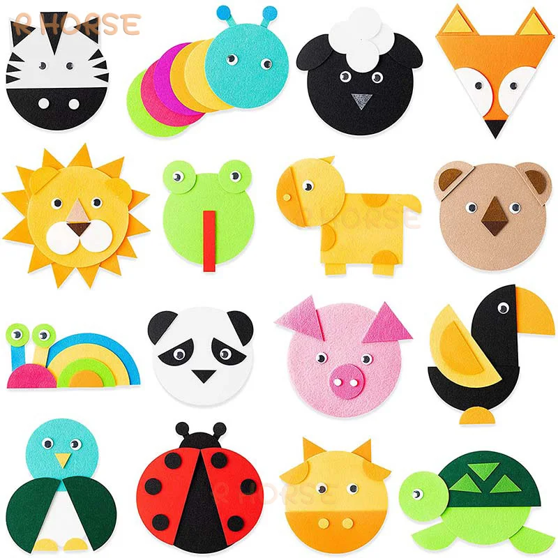 

16Pcs Animal Craft Kit Cute Felt Shapes Zebra Sheep Fox Lion Frog Koala Panda Red Insect Handicraft Perschool Supplies for Kids