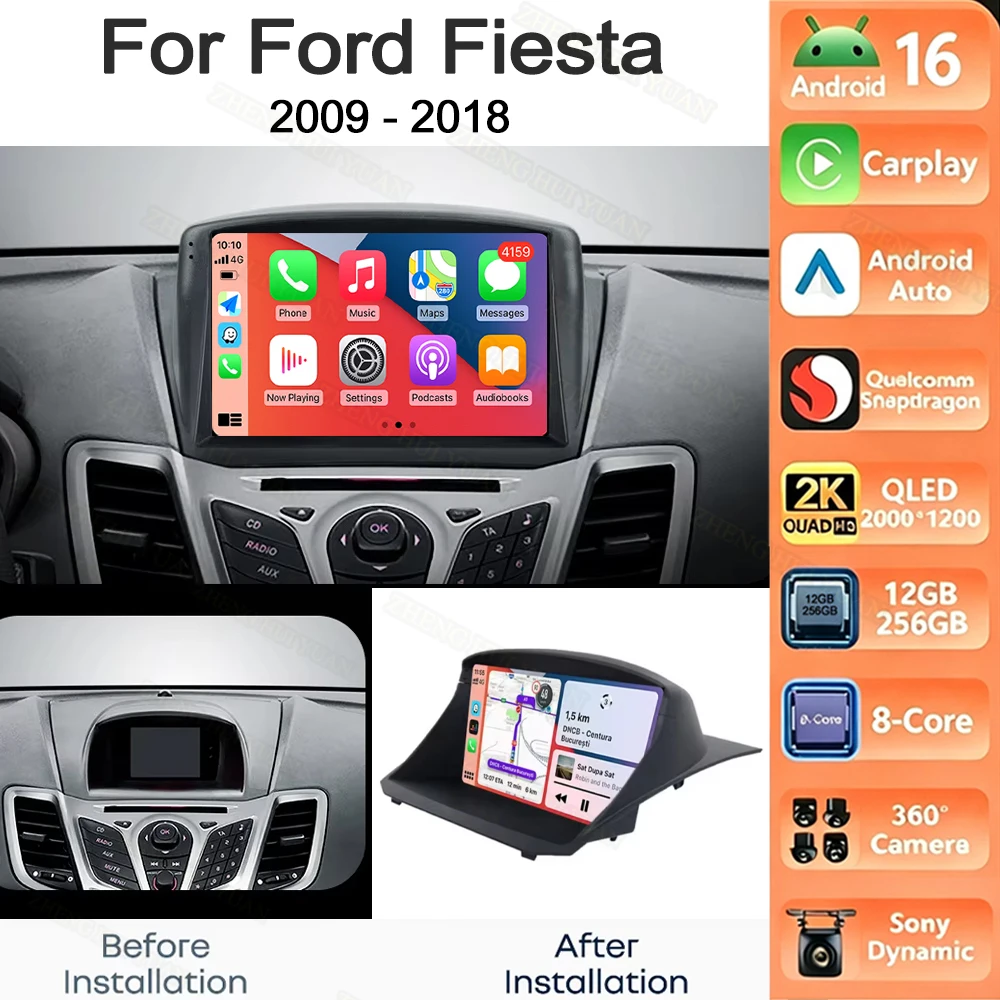 Android 16 Wireless Carplay&Auto Autoradio für Ford Fiesta 2009 - 2018 Navigation GPS DSP Carplay Multimedia Videoplayer Stereo