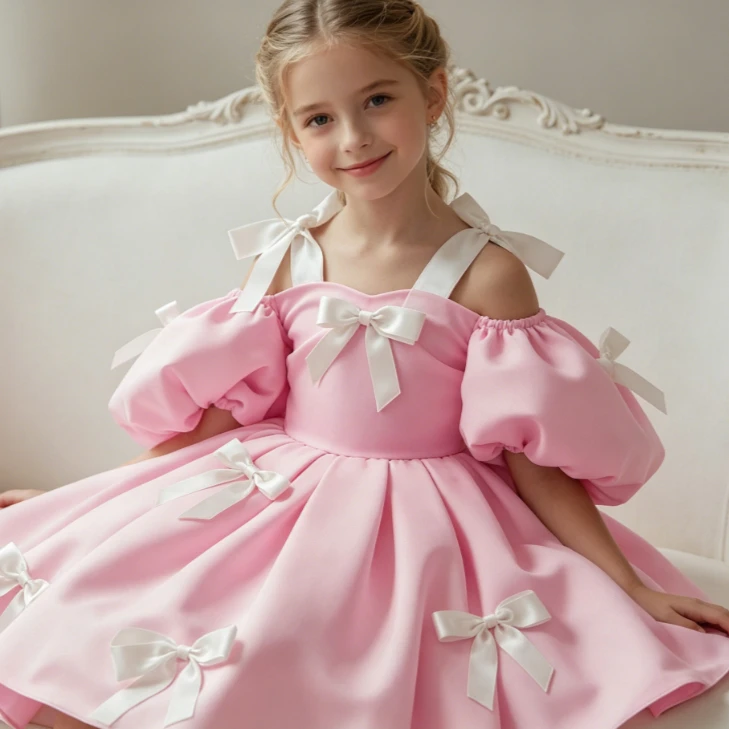 Girls Dress 2026 Spring Summer New Childrens Clothes Girls Baby Fashion Temperament Gorgeous Bubble Sleeve Bow Princess Dress