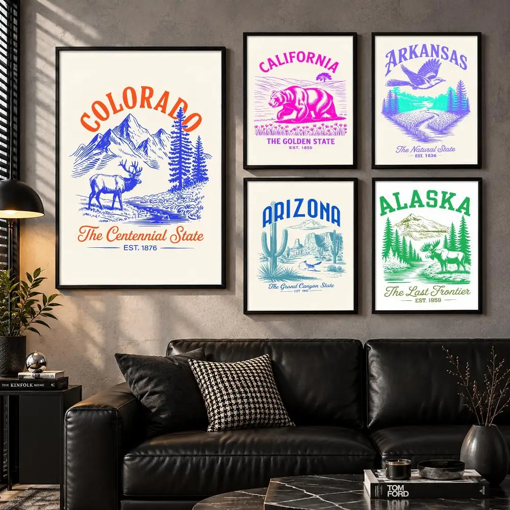 Animal Us States Art Design Poster Wall Art Sticker For Living Room Bedroom Bar Home Decor Mural Painting Decoration