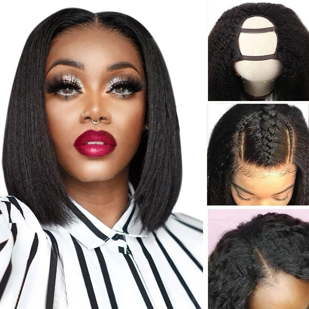 Bob Hair Synthetic Hair Wigs U Part Wig Short Bob For Black Women Daily Use 8-16 inch Yaki Straight Natural Color