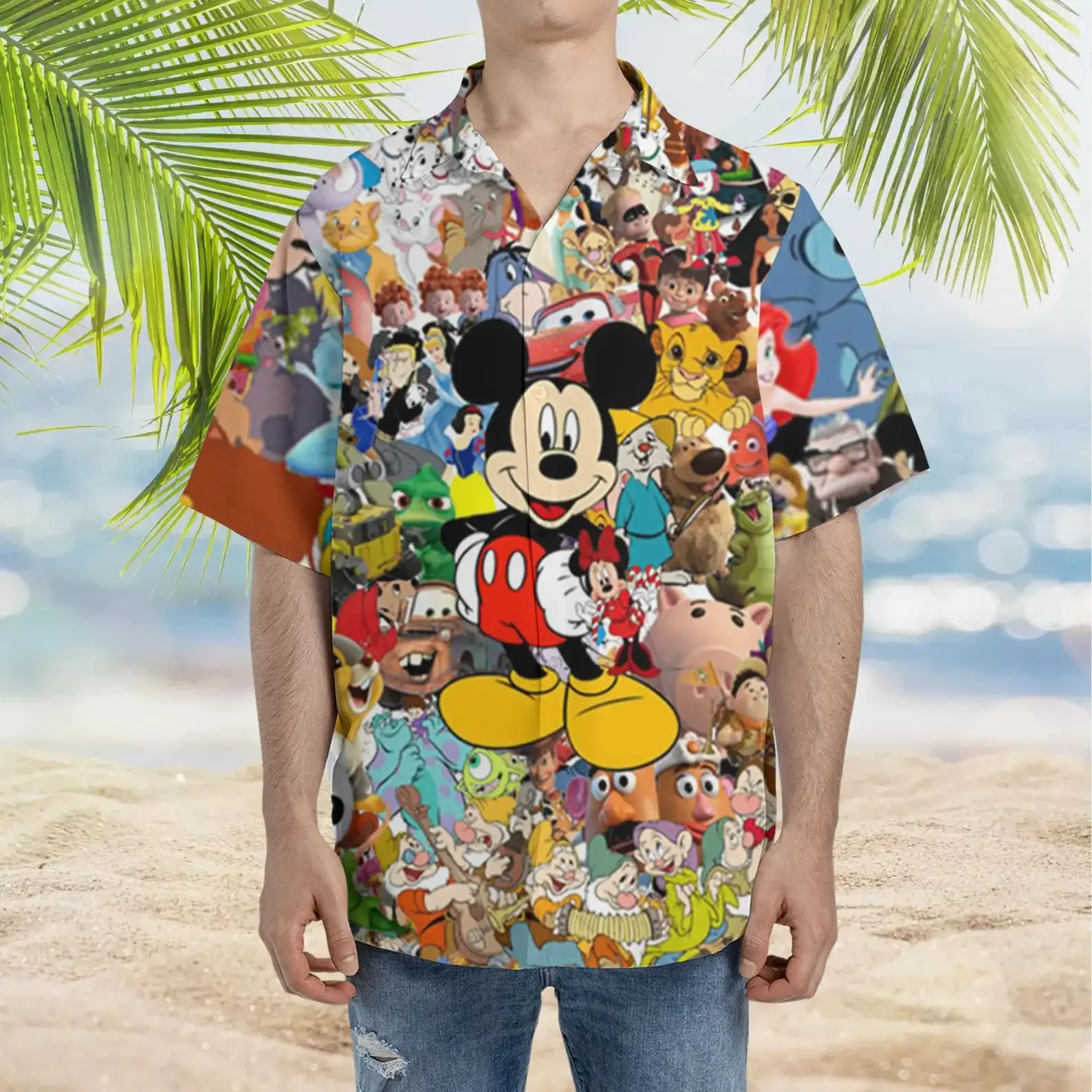 Miniso-camisa hawaiana de Mickey Mouse para hombre y mujer, camisa informal de manga corta con botones, estilo de playa a la moda, familia de Disney