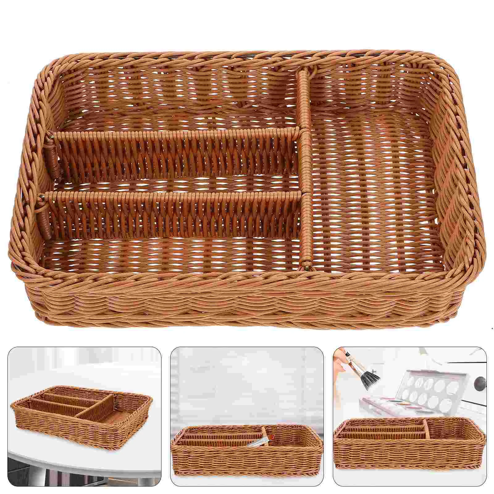 

Cutlery Storage ganizer 4 Deeper Compartments Imitation Rattan Basket Kitchen Bathroom Silverware Tray Eco Friendly Anti