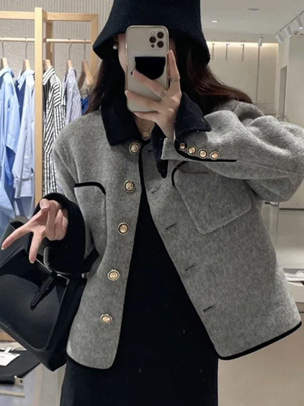 2023 Spring Fall Women Patchwork Woolen Grey Beige Jacket Coat , Autumn Elegant Woman Loose Wool Pocket Short Coats