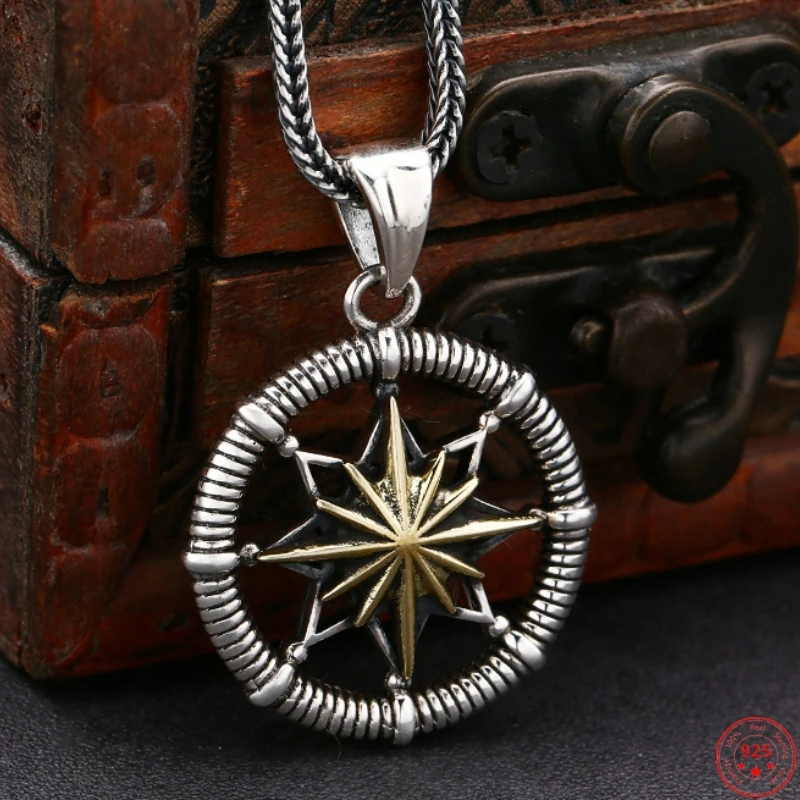 S925 Sterling Silver Pendants for Women Men New Fashion Sun God Radiance Hip Hop Compass Punk Jewelry Amulet Free Shipping