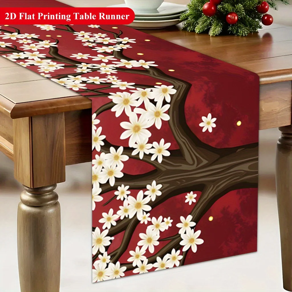 1 Piece of Table Runner with White Floral Embellishments on a Red Background, Suitable for Farmhouse, Indoor, Kitchen, Celebrations, Table Decoration, Restaurant, and Banquet Decoration Supplies
