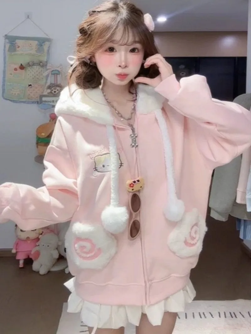 

Hello Kitty Anime Kawaii Sanrio Ins Fashion Soft Embroidered Hoodie Autumn Winter Cute Loose Cardigan Jacket Clothes Gifts