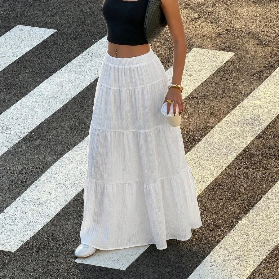 Bohemian Pleated A‑Line Maxi Dress, Spring Summer Vacation Dress for Graduation Back To School