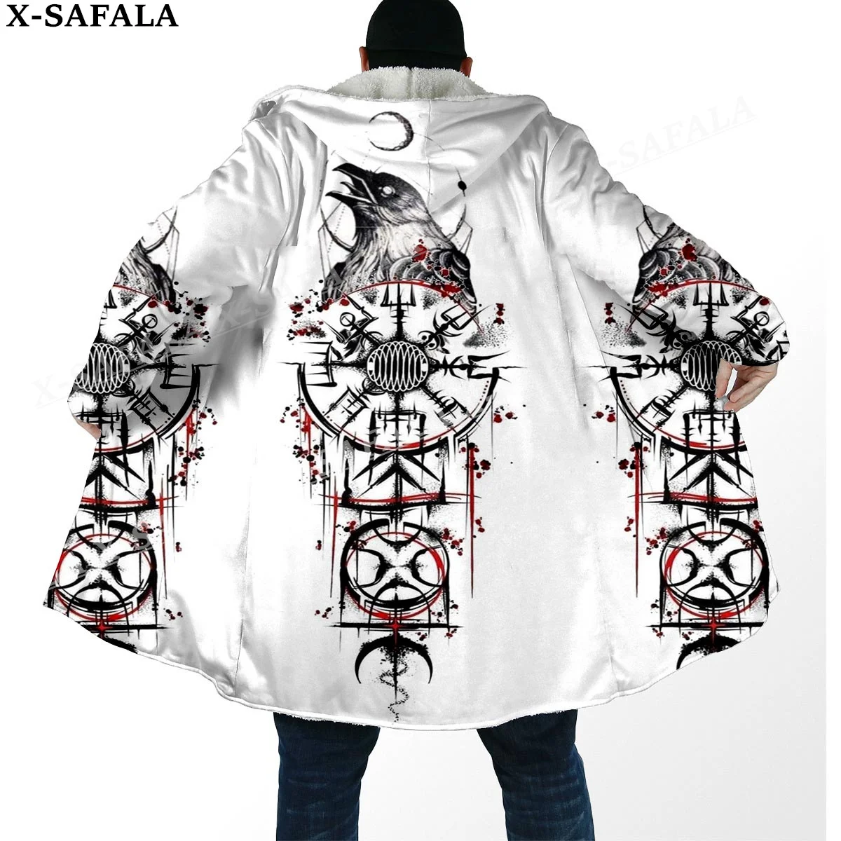 Viking Line Tattoo Symbol Totems Thick Warm Hooded Cloak Men Overcoat Coat Windproof Fleece Cape Robe Hooded Blanket-14