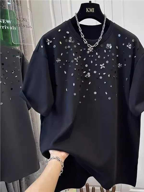 

Футболка оверсайз с круглым вырезом и бисером, очень свободного кроя, для лета, новинка