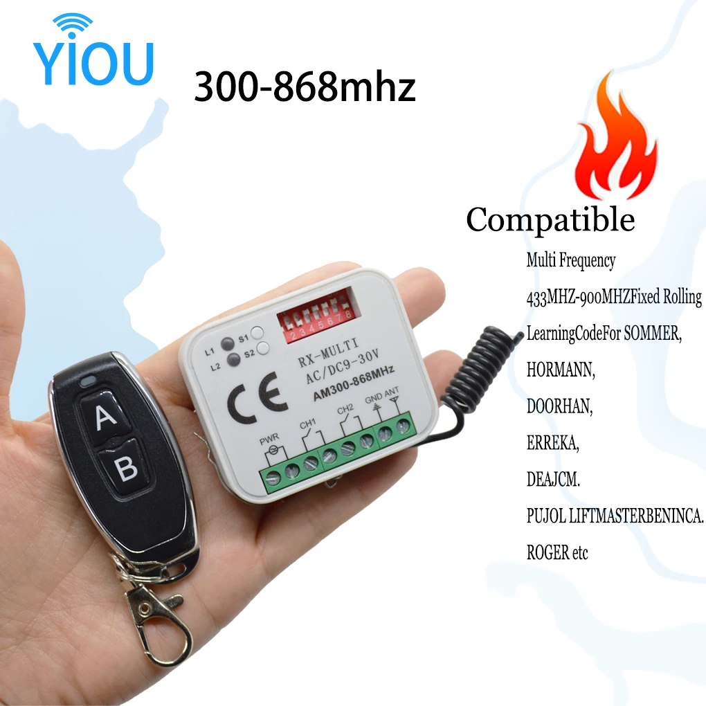 YIOU Universal RX Multi Frequency 300-868MHz Receiver 2CH 12V 24V Relay Module Garage Door Remote Control 433.92MHz 868MHz