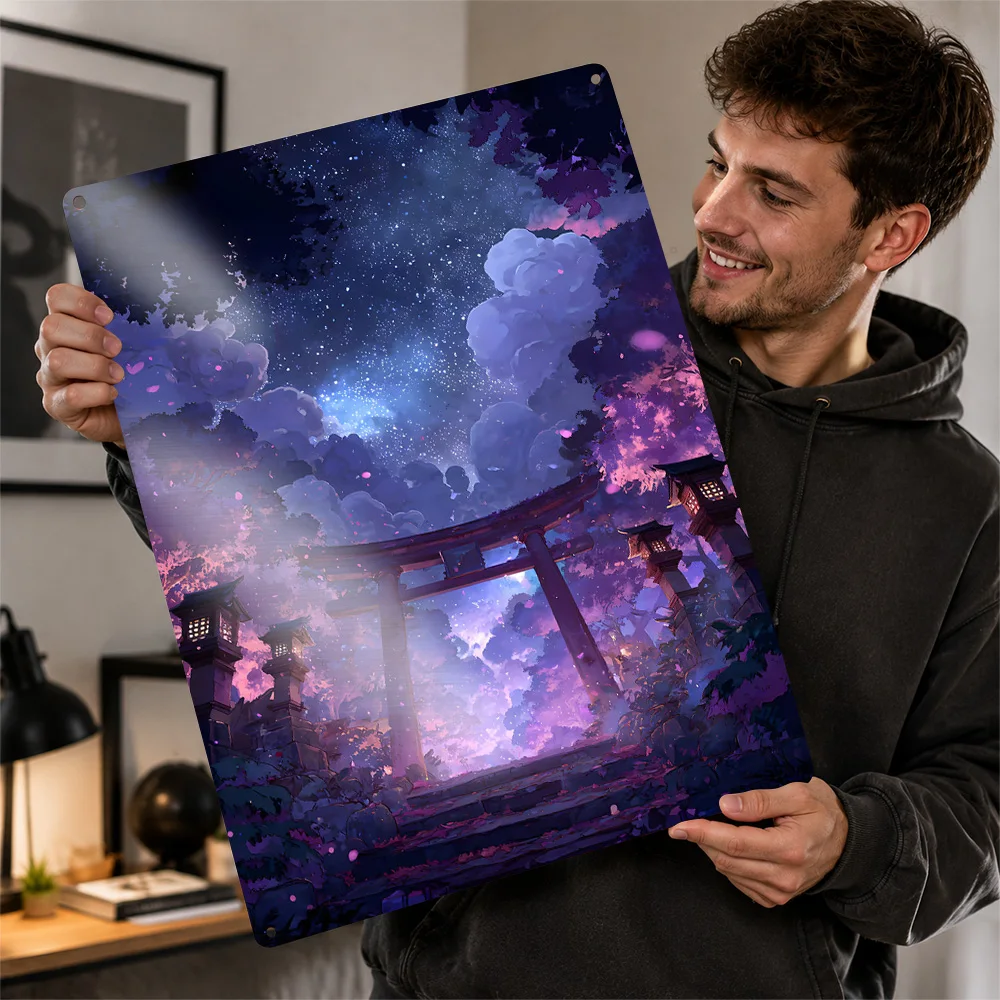 Torii Gate to a Starry Sky Poster Retro 3D Printed Metal Signs Customized Wall Hanging Gift for Decor Room Home Decorations Art