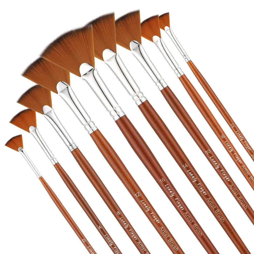 9pcs Artist Fan Paint Brushes Set- Soft Anti-Shedding Nylon Hair Wood Long Handle Paint Brush Set for Acrylic Watercolor Oil
