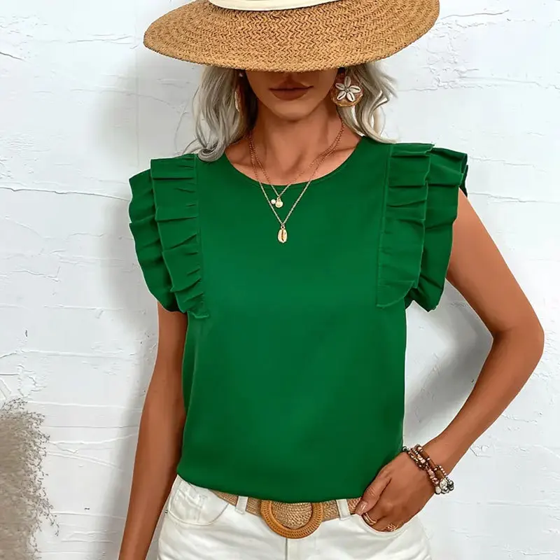 

Elegant New Solid Color Round Neck Ruffled Sleeveless Flying Sleeve Top T-Shirt