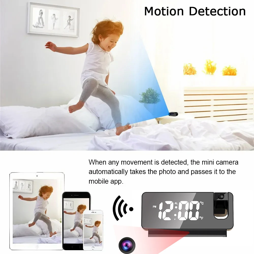 Time Projection Clock Mini Camera 1080P HD Supports 2.4G WiFi Mobile Capture USB 24-hour Plug in for Indoor Room Store Video Cam