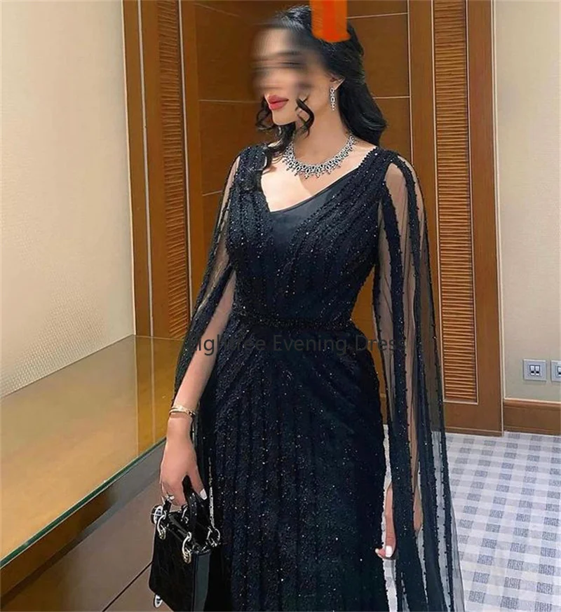 Eightree Black Elegant Mermaid Evening Dresses Long V-Neckline With Cape Sequined Formal Prom Dress Robe De Soiree De Mariage