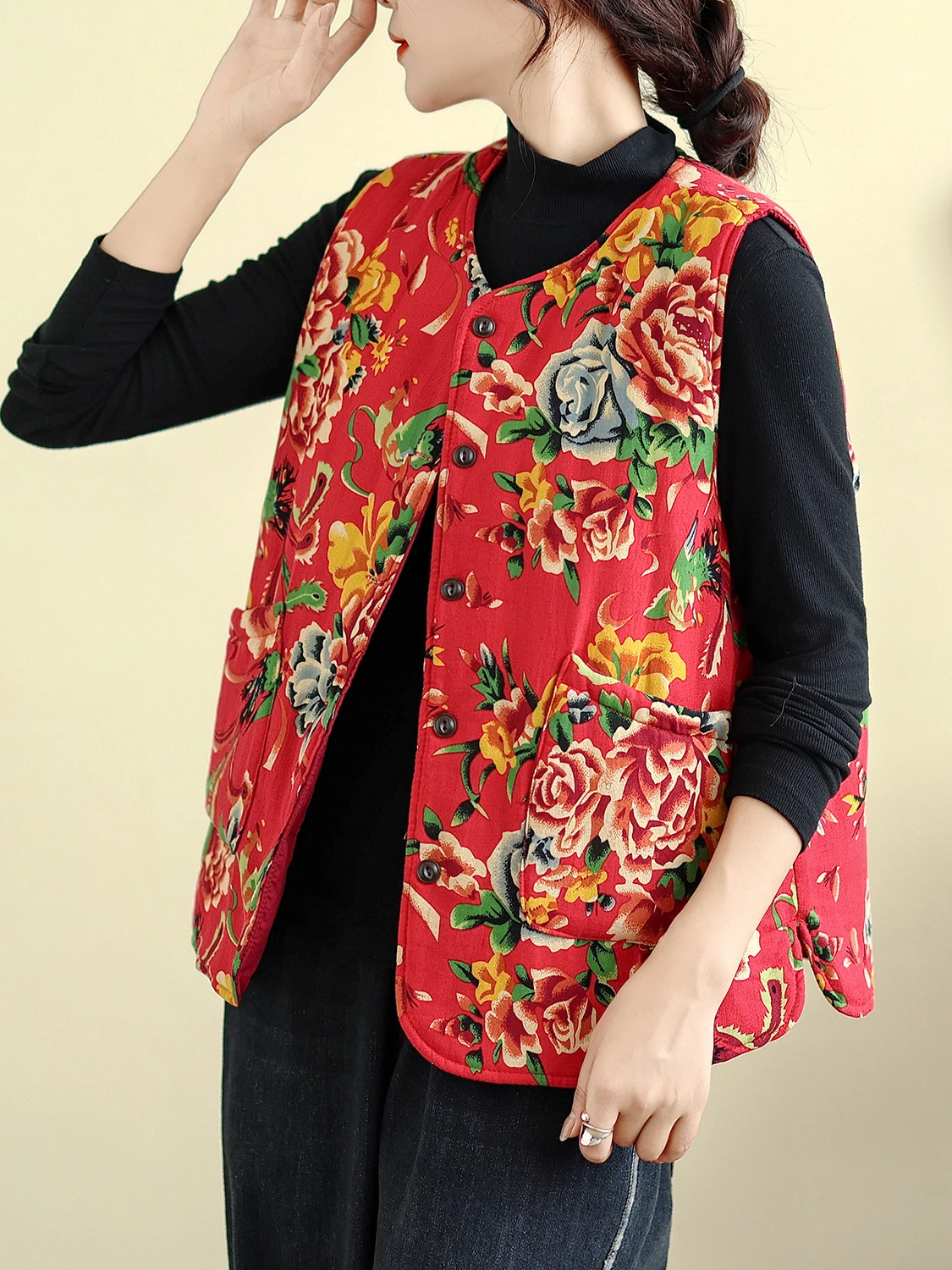 

Женский хлопковый льняной жилет с принтом, теплый универсальный осенне-зимний новый хлопковый жилет с цветочным принтом, круглый жилет на одной пуговице