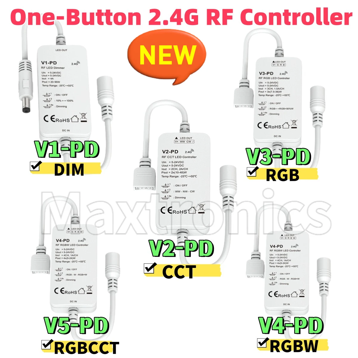 1 Button RF LED Dimmer Controller V1/2/3/4/5-PD 10Dynamic Mode Include Jump or Gradual Change For DIM/RGB/RGBW/CCT/RGB+CCT Strip