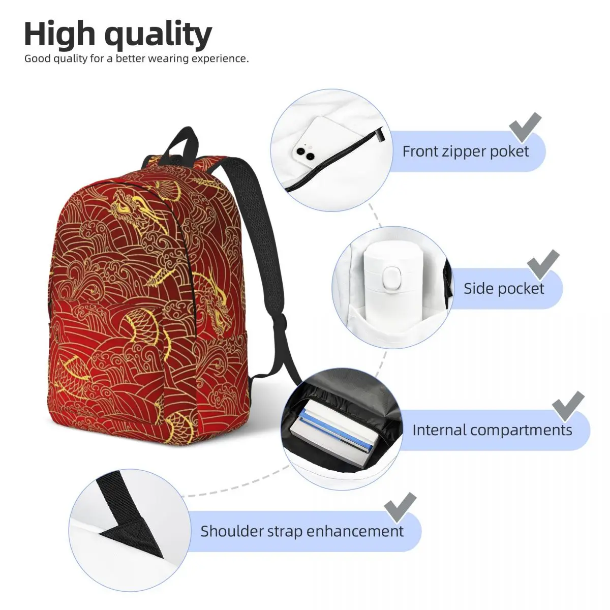 Gold Dragon Pattern Student Backpack School Bag Hiking Travel Daypack for Men Women Bookbag Shoulder Bags