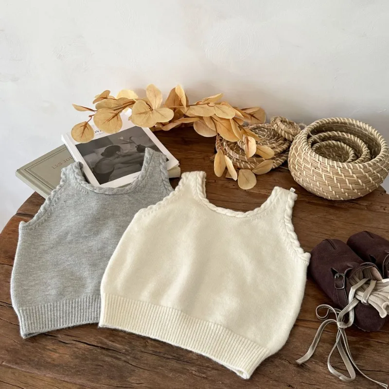 Korea Kids Winter Baby Girl Clothes Sweet Preppy Style Twist Knitted Sweater Vest gray white kawaii sweater vest High quality