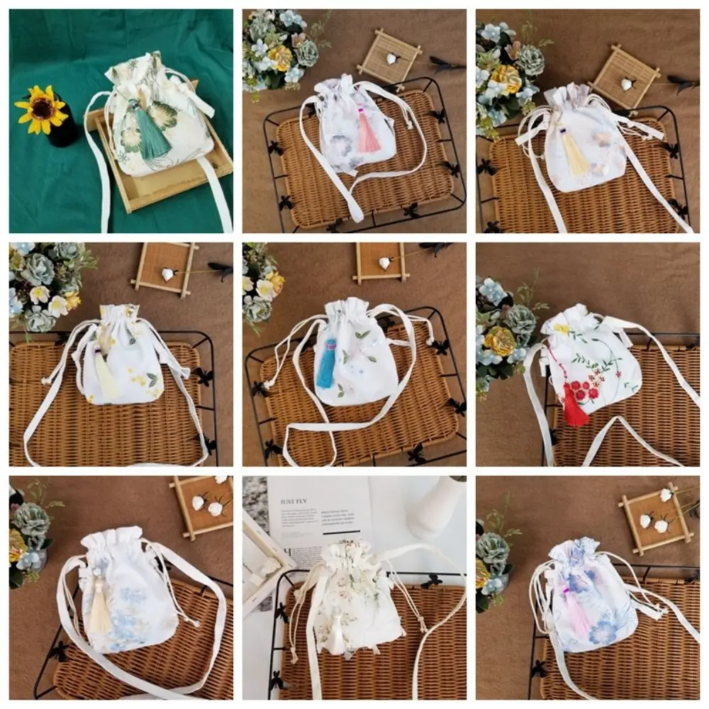 Canvas Hanfu Handbag High Quality Tassel Flower Phone Bag Chinese Style Embroidered Flower Drawstring Bag