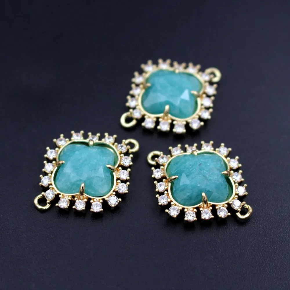 6pcs Natural Blue Labradorite Sun Stone CZ Flower Pendant Connectors Linker DIY for Women Chain Bracelet Necklace Making