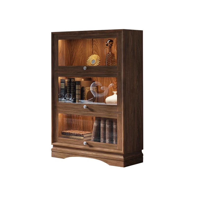 American all-solid wood bookcase bookshelf glass door with lamp living room whole wall floor toy collection