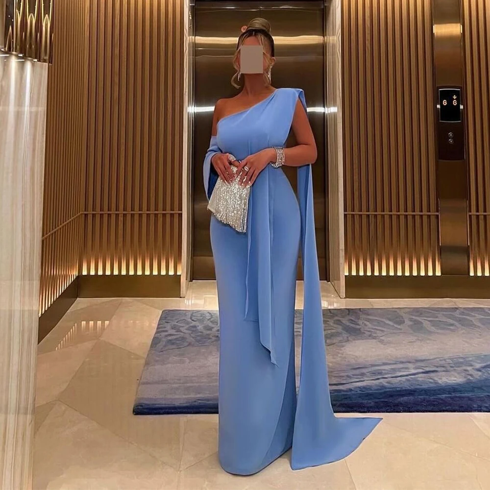 

Elegant Sorority Formal Dress Azure Jersey Watteau Train Draped Bespoke Occasion Gown Column&Sheath One-shoulder Long Dresses