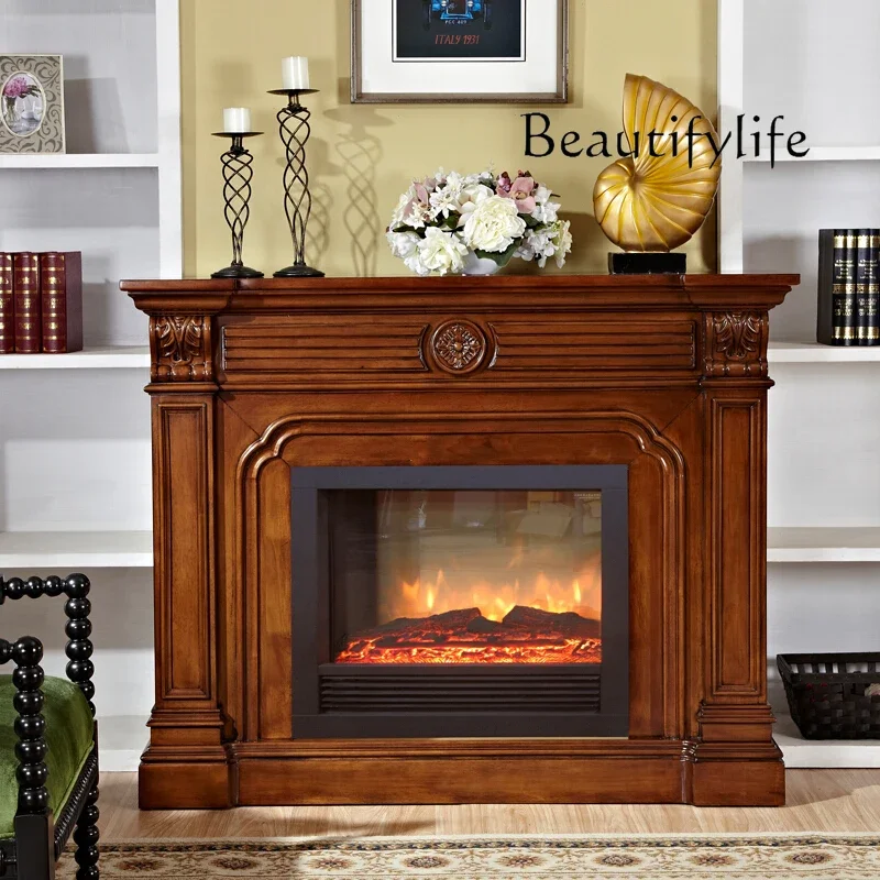 American-Style Solid Wood Fireplace Curio Cabinet Villa Living Room Furniture Fireplace Fake Fire Heater Background Wall