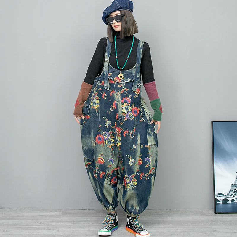 Denim Print Female Jumpsuit 2024 Spring New Fashion Sleeveless Overalls Pants Baggy Wide Leg High Waist Punk Style Trousers