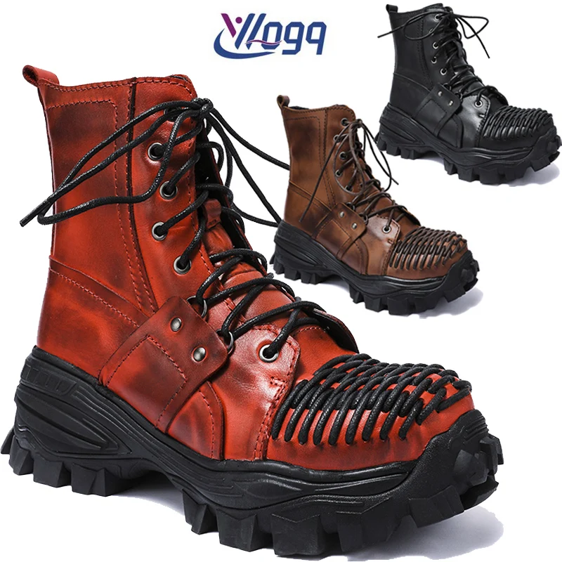 

New Motorcycle Boots Platform Work Boots Thick Bottom Leather Winter Ankle Men Red Round Toe Cowboy Western Boots Fashion