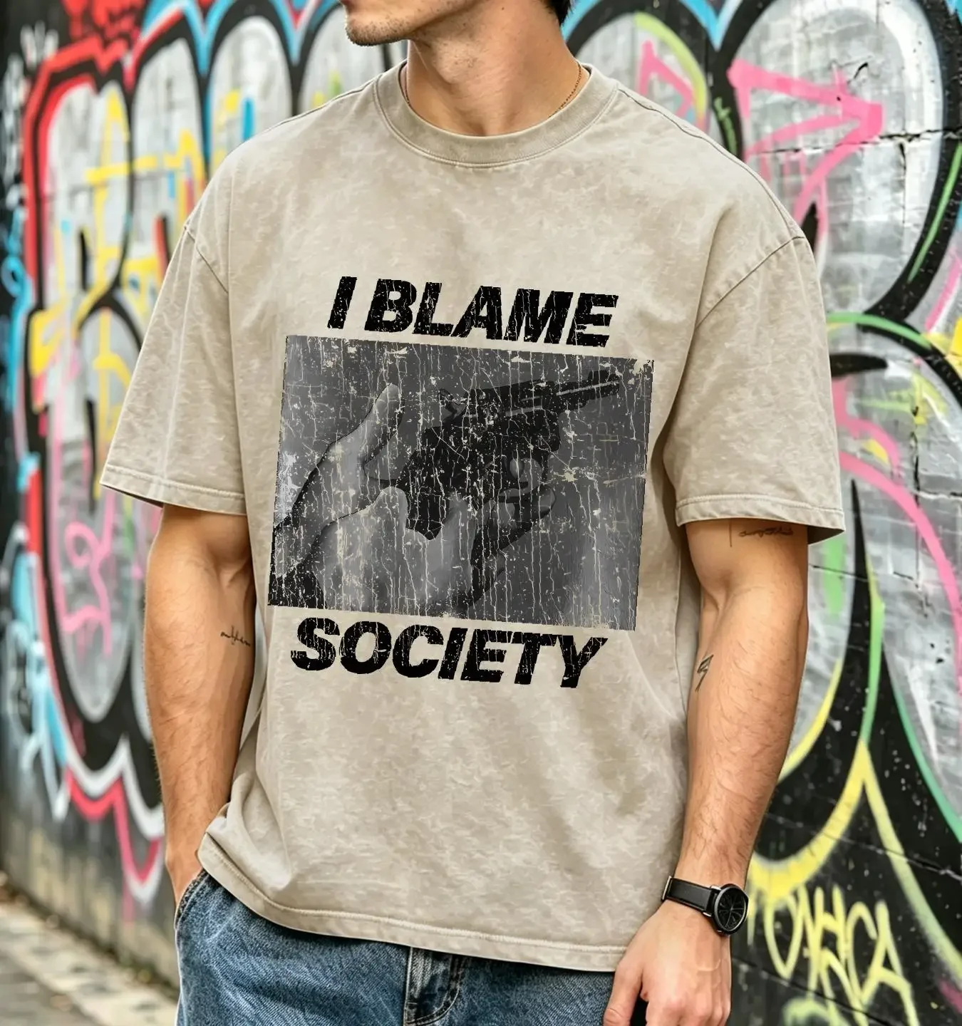 washed T Shirt I Blame Society Revolver 1993 Vintage Men's long or short sleeves vintage Washed Breathable Slightly Comfortable
