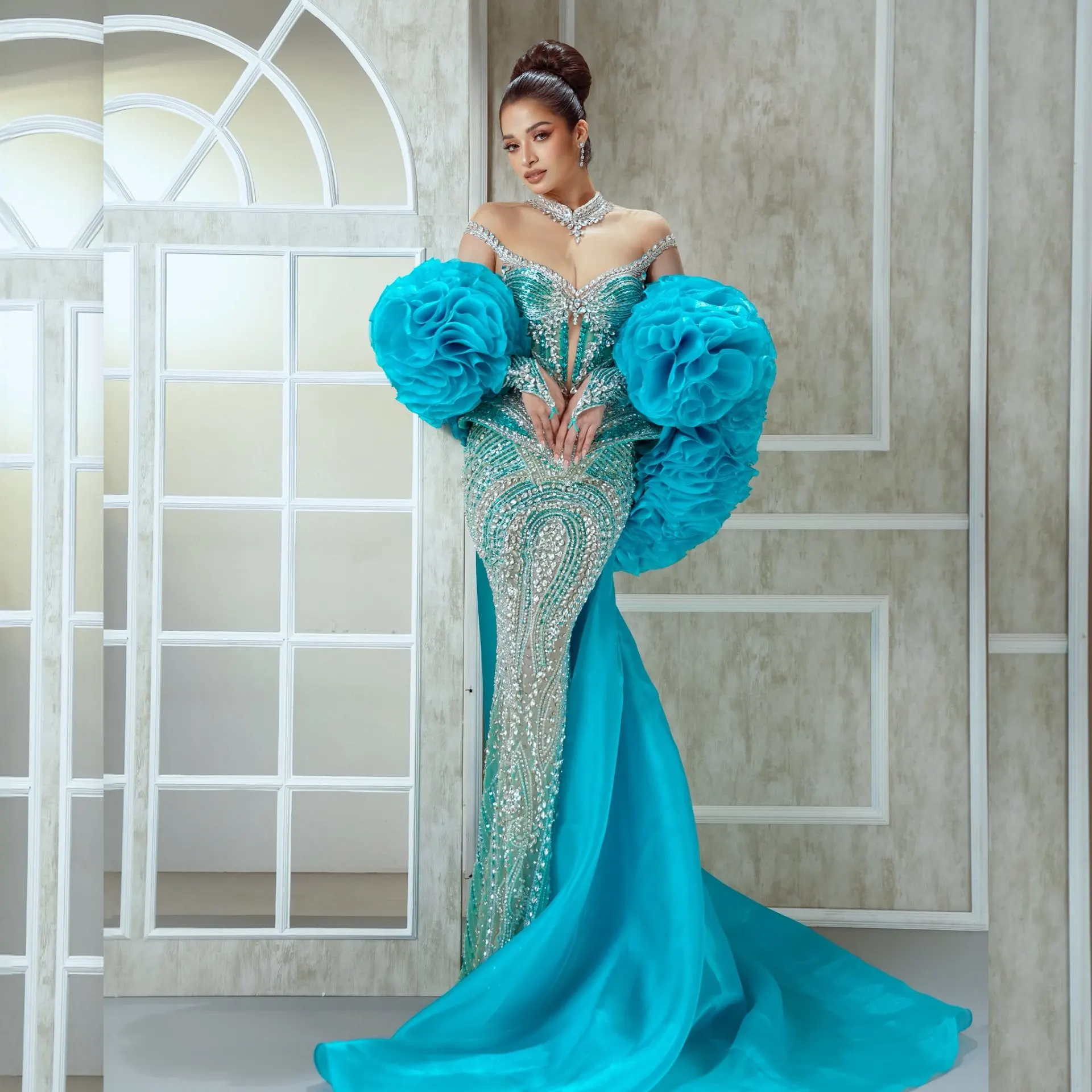 

Элегантная синяя шаль с цветочным принтом и рукавами, роскошный атласный большой цветочный дизайн, аксессуар для свадебной вечеринки, декор вечернего платья, свадебный выпускной вечер