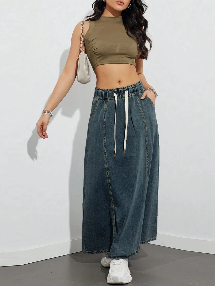 New Fashion Women\'s Denim Long Skirts Elastic Drawstring High Waist A Line Flare Jean Skirt for Summer, Spring