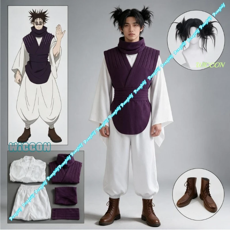 Juju Kaiseen Manga Choso Cosplay Set Wig Purple Vest Neck Gaiter Belt White Elastic Pants Top Halloween Cosplay Party Costume