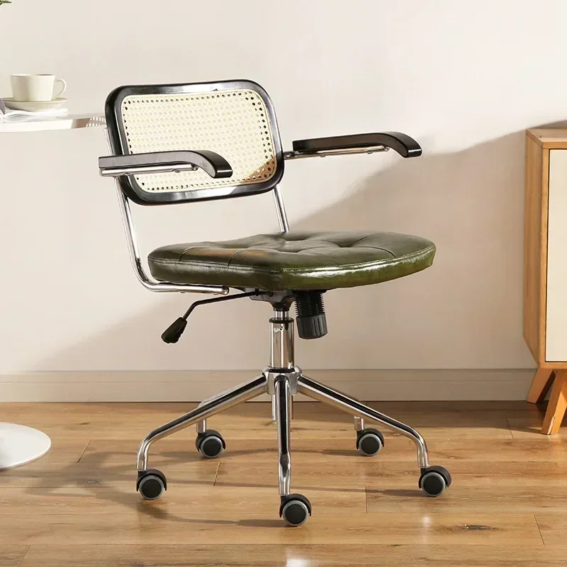 Retro Rotating Chair Rattan Computer Office Chair Japanese Comfortable Storage Study Desk Seat Breathable Armrest Rattan Chair