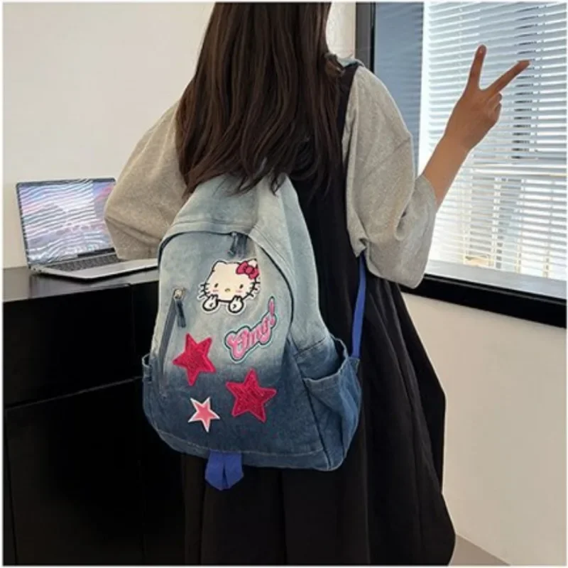 Hello Kitty New Student School Bag Fashionable High Quality Denim Backpack Cartoon Personalized Large Capacity Women\'s Backpack