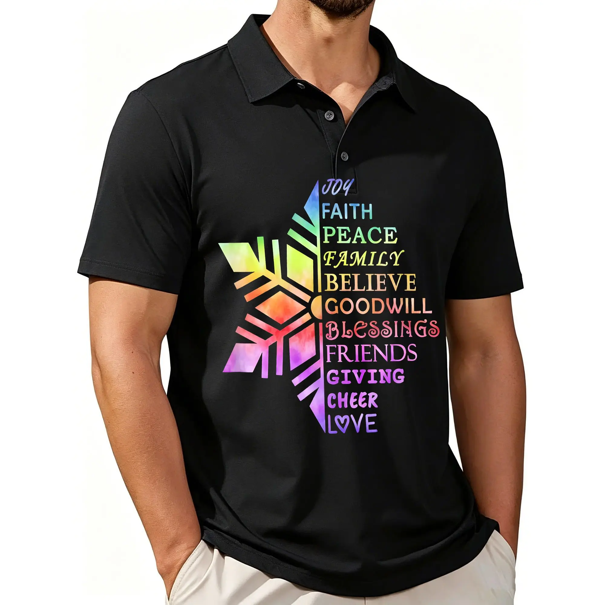Men's Printed Short-Sleeve Polo Shirt with Tie-Dye Snowflake Christmas Joy Faith Family Theme, Stylish and Casual Fit, Breathable Fabric, Suitable for All Seasons.