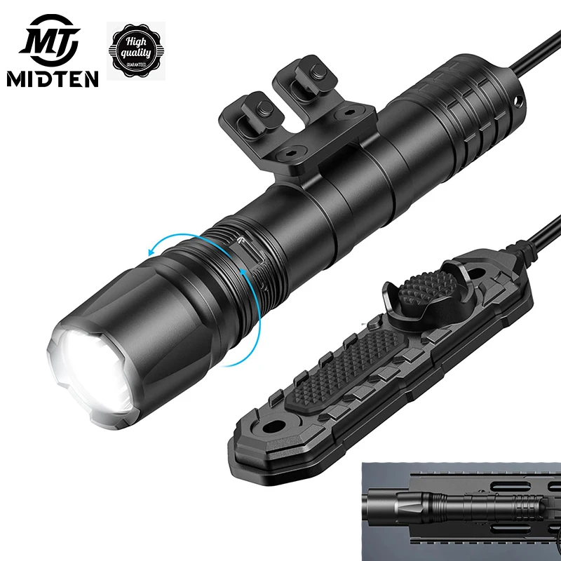 MidTen 1800 Lumens Tactical Rifle Light Remote Pressure Switch M-Rail Rechargeable Flashlight Strobe Mode