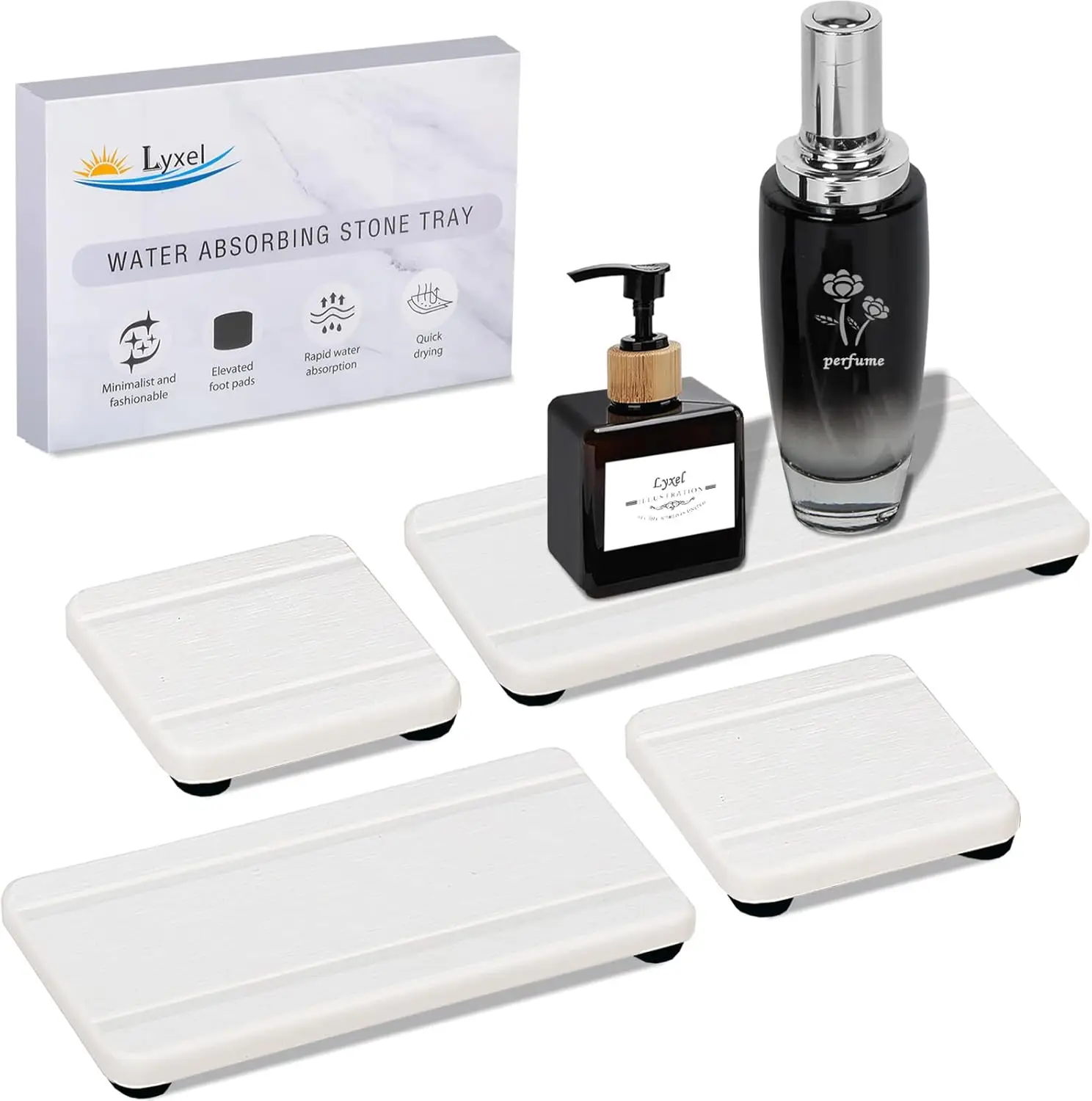 

4 Piece Fast Dry Stone Tray Set for Sink Counter Soap Sponge Holder Absorbent Coaster Kitchen Bathroom