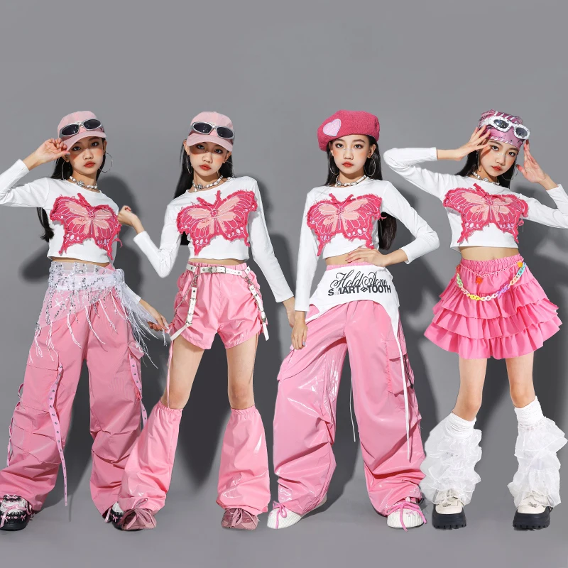 أزياء الفتيات الوردي لموسيقى الجاز بأكمام طويلة ملابس السرة تنورة البضائع السراويل الاطفال المشجع ملابس الرقص الهيب هوب ملابس الأداء BL17099