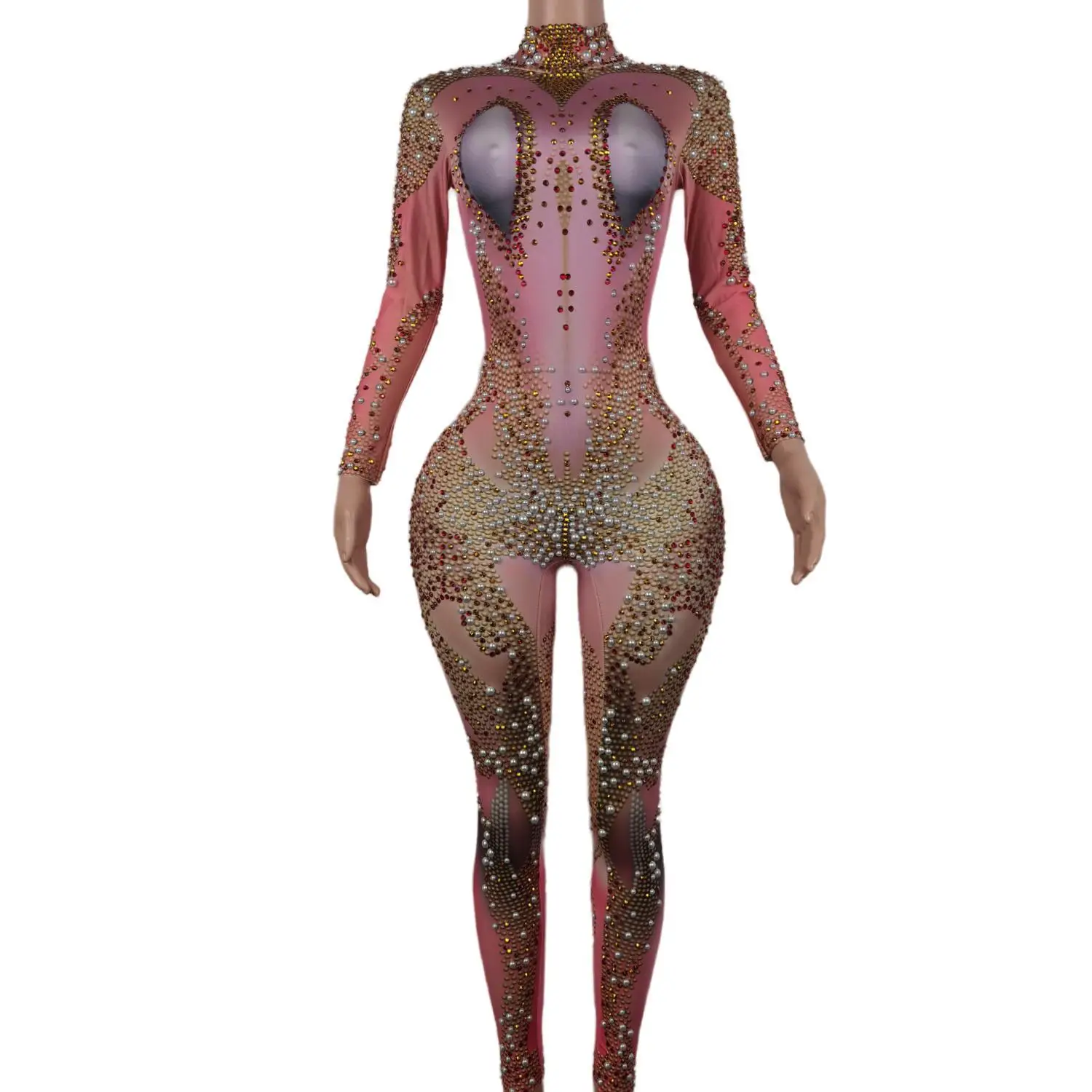 

Women Sexy Jumpsuit Pink Spandex Sparkling Crystals Pearls Bodysuit Fashion Show Wear Nightclub Party Pole Dance Costume Feie