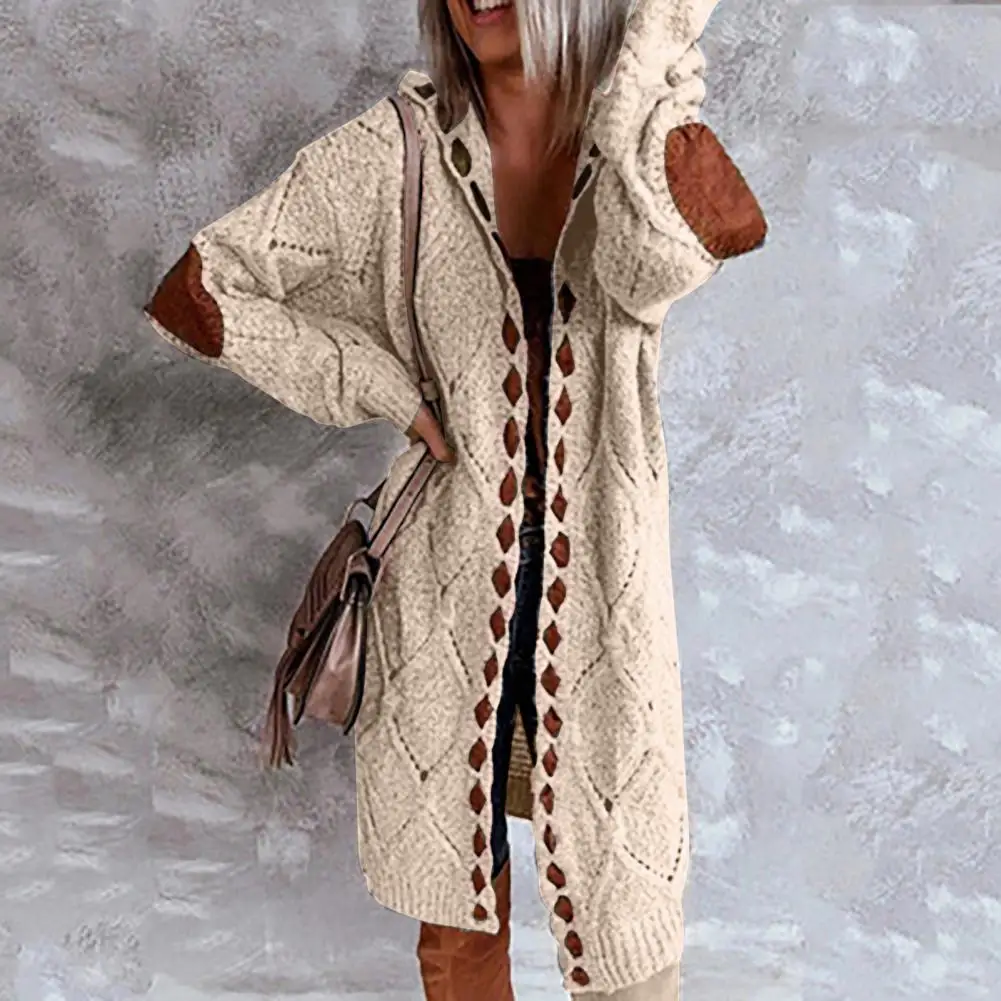 Vintage Cardigan Sweater Women Knitwear Fashion Patchwork Slim Hooded Winter Coat Ethnic Boho Long Cardigans