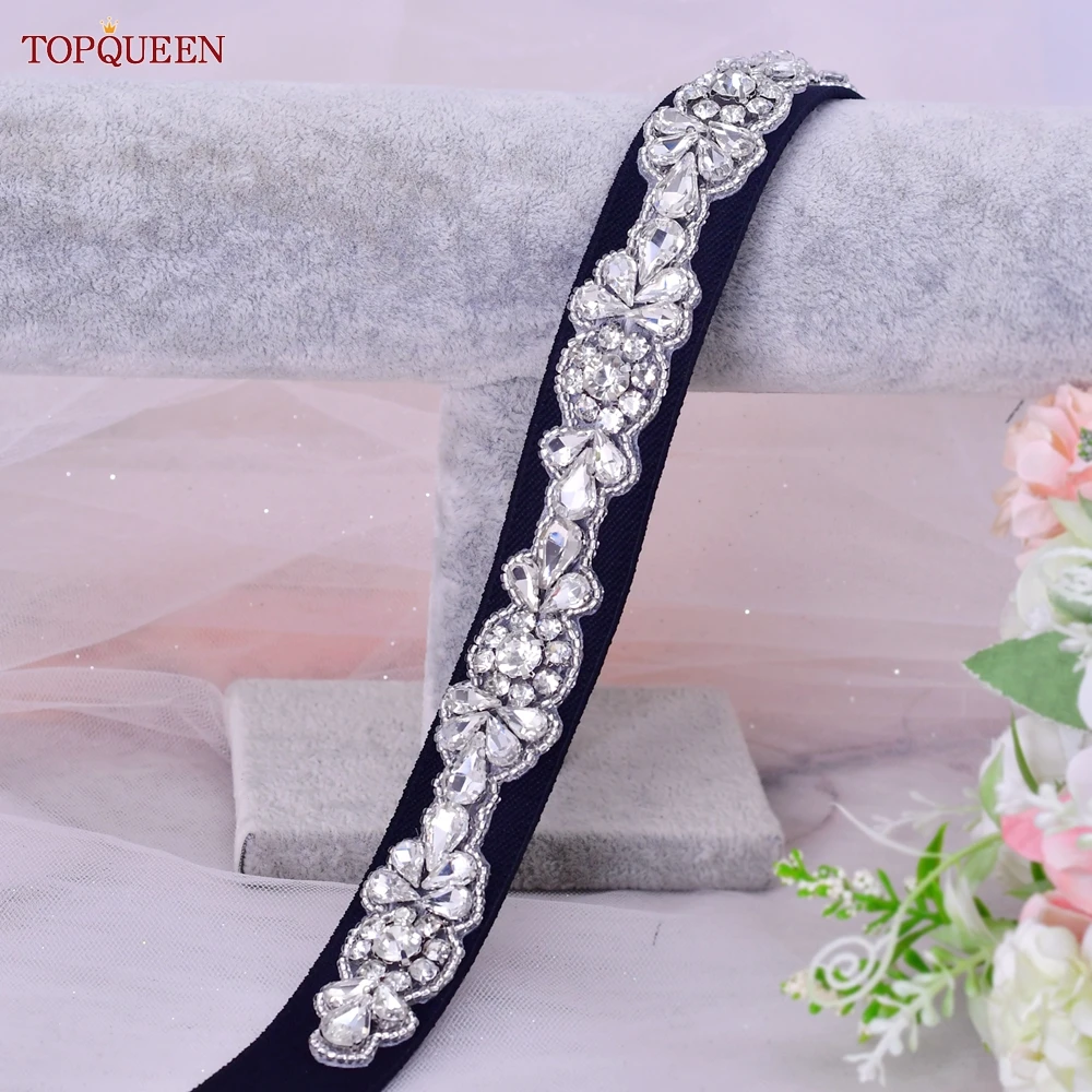 TOPQUEEN เข็มขัดยืดสีดํายืดหยุ่นสูงแฟชั่นผู้หญิงชุดตกแต่งด้วยRhinestone Elegant Unique Sparklyปุ่มDecora