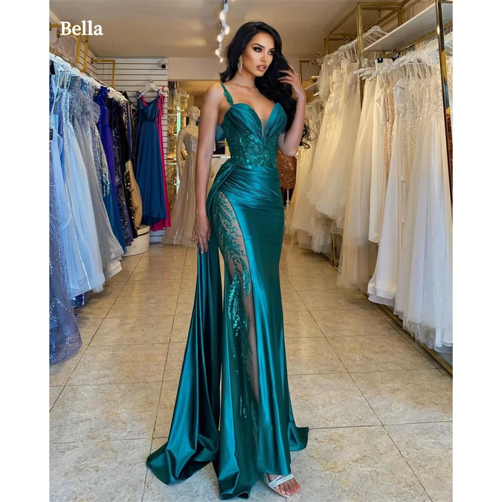 Bella Green V-neck Satin Wedding Dresses Spaghetti Strap Sleeveless Vestidos De Fiesta Mermaid Floor-length 2024 فساتين سهرة